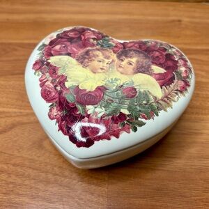 Vintage Porcelain Floral Cherub Heart Shaped Lidded Trinket Dish